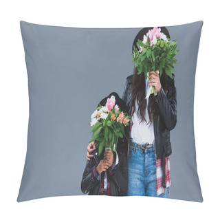 Personality  Mother And Daughter Covering Faces With Bouquets Isolated On Grey Pillow Covers