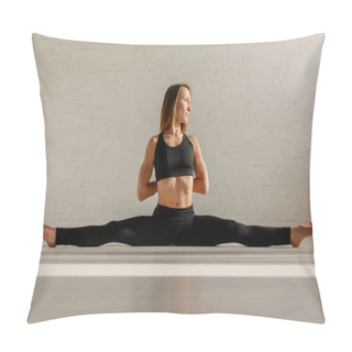 Personality  Attractive Woman Doing Twine Stretching Near Brick Wall  Pillow Covers
