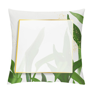 Personality  Greenery Palm Leaves And Gold Frame Design. Realistic Vector. Fresh Macro Design, Rco Natural Elements Pillow Covers