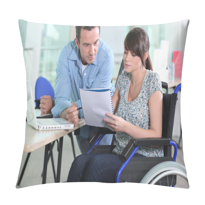 Personality  Young Woman In Wheelchair Working With A Male Colleague Pillow Covers