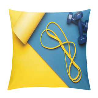 Personality  Top View Of Blue Fitness Mat With Dumbbells And Resistance Band On Yellow Background Pillow Covers