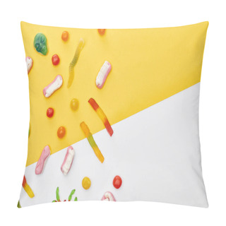 Personality  Top View Of Colorful Gummy Sweets And Bonbons On Yellow And White Background, Halloween Treat Pillow Covers
