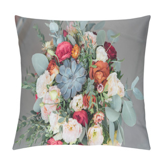 Personality  Bridal Bouquet. The Brides Bouquet. Beautiful Bouquet Of White, Blue, Pink Flowers And Greenery Pillow Covers
