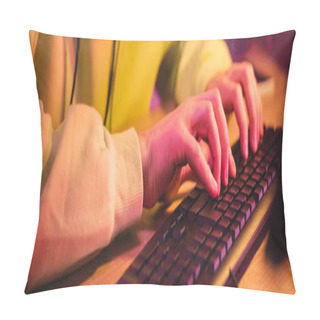 Personality  Cropped View Of Gamer Using Computer Keyboard At Table, Banner  Pillow Covers