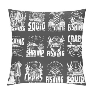 Personality  Sea Fishing Vector Icons With Seafood, Fish And Fisherman Tackle. Crabs, Octopus And Tuna, Marlin, Shrimp And Squid, Sea Turtle, Prawn And Fishing Sport Rods, Nets And Hook, Fishery Boat, Anchors Pillow Covers