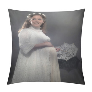 Personality  Historical Pregnant Brunette Woman In White Dress Holding Umbrella. Pillow Covers