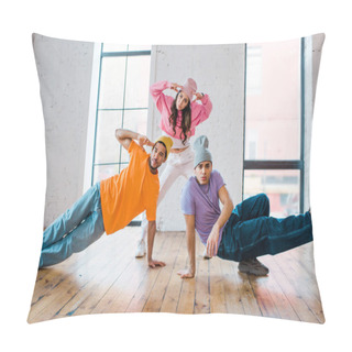 Personality  Stylish Multicultural Men Posing With Young Pretty Dancer  Pillow Covers