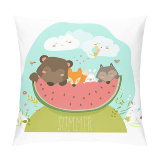Personality  Cute Animals Eating Watermelon Slice. Hello Summer Pillow Covers