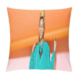 Personality  Cheerful African American Woman With Headscarf Posing On Colorful Background, Banner  Pillow Covers
