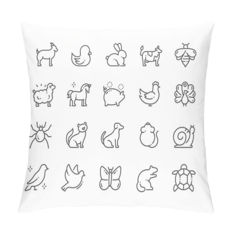 Personality  Rural animals and pets. Goat, duck, rabbit, cow, sheep, pig, chicken, cat, dog, mouse, snail, bird, turtle and other. Pixel Perfect Vector Thin Line Icons. Simple Minimal Pictogram pillow covers
