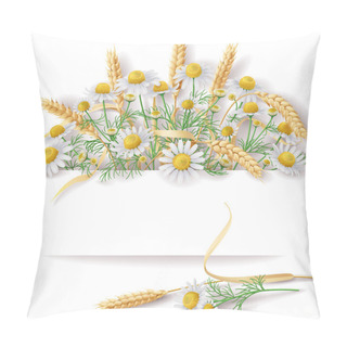 Personality  Banner With Wild Chamomile  And Wheat EarsBunch. Pillow Covers