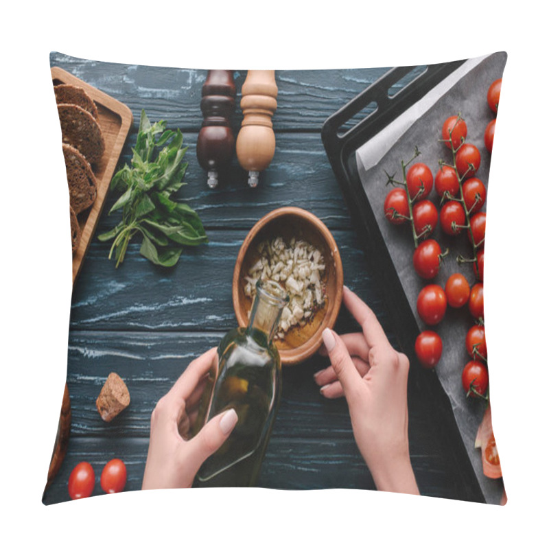 Personality  Cropped View Of Female Hands Adding Oil To Garlic On Dark Wooden Table With Tomatoes And Herbs Pillow Covers