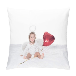 Personality  Little Angel With Wings And Nimbus Holding Red Heart Balloon, Isolated On White Pillow Covers