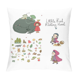 Personality  Set With Little Red Riding Hood Fairy Tale. Little Cute Cartoon Girl And Wolf. Hand Drawing Isolated Objects On White Background. Vector Illustration. Pillow Covers