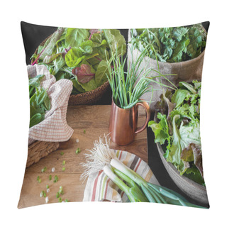 Personality  Freshly Picked Raw Produce Including Leafy Greens, Spinach, Chard, Onions And Herbs. Pillow Covers