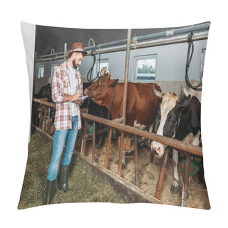 Personality  Farmer Taking Notes In Cowshed Pillow Covers