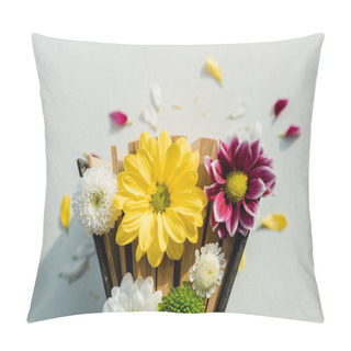 Personality  Top View Of Retro Book With Bright Multicolored Flowers And Petals  Pillow Covers