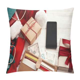 Personality  Christmas Shopping And Seasonal Sale. Credit Cards And Money In Wallet, Phone With Empty Screen, Paper Bags With Clothes, Gift Boxes On Rustic Wood. Advertising App.  Black Friday Sale Pillow Covers
