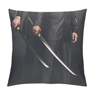 Personality  Cropped Shot Of Modern Samurai With Katana Swords Isolated On Black Pillow Covers