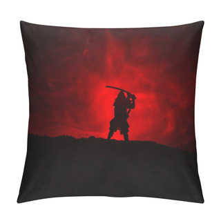 Personality  Fighter With A Sword Silhouette A Sky Ninja. Samurai On Top Of Mountain With Dark Toned Foggy Background. Selective Focus Pillow Covers