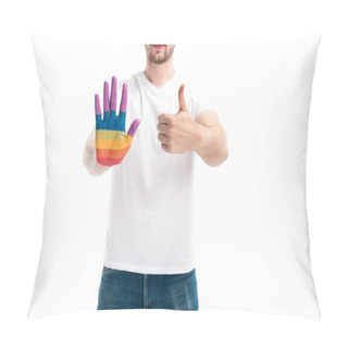 Personality  Cropped Image Of Homosexual Man With Hand Painted In Rainbow Showing Thumb Up Isolated On White Pillow Covers