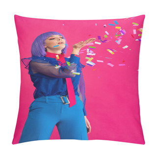 Personality  Attractive Pop Art Girl In Purple Wig Blowing Confetti, Isolated On Pink Pillow Covers