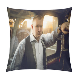 Personality  Portrait Of Handsome Man In Vintage Suit Posing In Old Locomotiv Pillow Covers