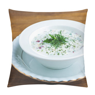 Personality  Close-up View Of Delicious Cold Summer Soup With Yogurt And Vegetables Pillow Covers