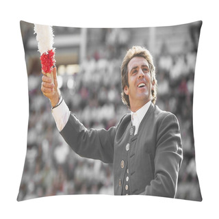 Personality  Spanish Bullfighter On Horseback Pablo Hermoso De Mendoza Bullfighting On Horseback, With Two Banderillas Of White And Red Color Greeting The Public With A Smile In Pozoblanco Pillow Covers