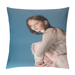 Personality  Young Mermaid With Golden Makeup And Knitted Cardigan Posing Isolated On Blue  Pillow Covers