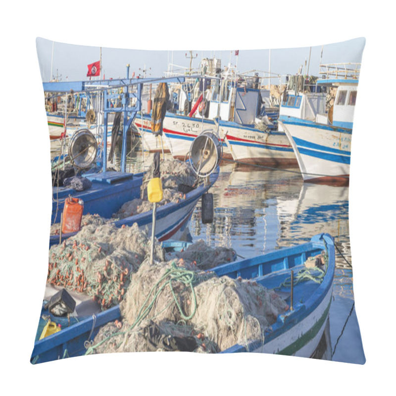 Personality  March 24 2017 Houm Souk, Tunisia,Beautiful fishing boat with a large fishing net in it.North Africa in spring pillow covers