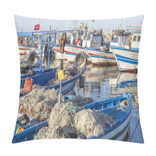 Personality  March 24 2017 Houm Souk, Tunisia,Beautiful Fishing Boat With A Large Fishing Net In It.North Africa In Spring Pillow Covers