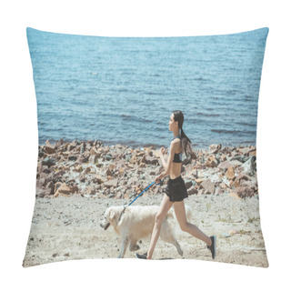 Personality  Side View Of Asian Sportswoman Jogging With Dog On Beach  Pillow Covers