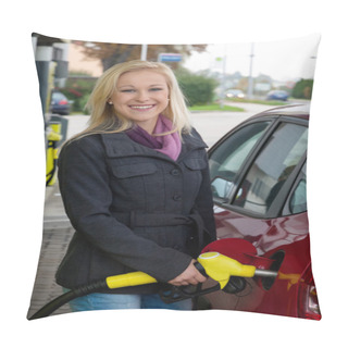 Personality  Woman At Refuel At Petrol Station Pillow Covers