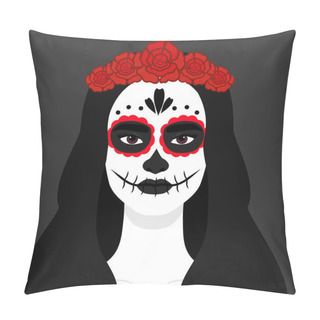 Personality  Woman With A Makeup Of Sugar Skull And Red Floral Wreath. Day Of The Dead Celebration. Dia De Los Muertos. Vector Illustration Pillow Covers