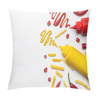 Personality  Top View Of French Fries With Mustard And Ketchup On White Surface Pillow Covers