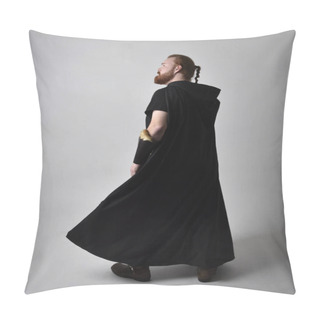 Personality   Portrait Of Red Haired Man Wearing Medieval Viking Inspired Fantasy Costume With Dark Cloak. Standing Pose  With Gestural Hand Movements As If Casting A Spell, Isolated  Against Studio Background. Pillow Covers