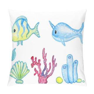 Personality  Set Of Cartoonish Marine Animals Coral, Fish, Narval, Shell, Seaweed Watercolor By Hand Pillow Covers