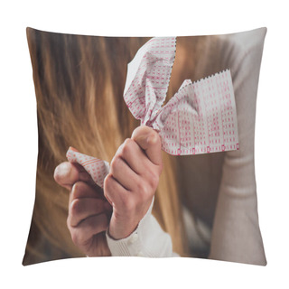 Personality  Selective Focus Of Upset Woman Crumpling Lottery Ticket While Sitting With Bowed Head Pillow Covers