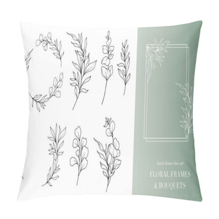 Personality  Eucalyptus Line Art. Floral Frames And Bouquets Line Art. Fine Line Eucalyptus Frames Hand Drawn Illustration. Hand Draw Outline Leaves And Flowers. Botanical Coloring Page. Eucalyptus Isolated Pillow Covers