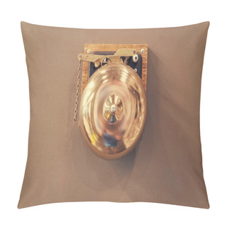 Personality  Retro Bronze Gong. Boxing Gong. Vintage Gong Alloy. Old Bell Gong On Wall. Boxing Bell. Result Alarm And Final Alert Symbol. Signal To Stop Or To Start. Final Sparring. Boxing Ring Bell. Sport Museum Pillow Covers