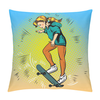 Personality  Vector Pop Art Illustration Of Girl Riding Skateboard Pillow Covers