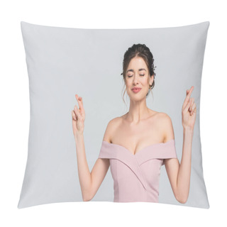 Personality  Positive Bride Holding Crossed Fingers While Standing With Closed Eyes Isolated On Grey Pillow Covers