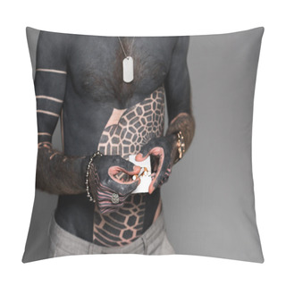 Personality  Mid Section Of Bare-chested Man With Tattoos Holding Cigarette Box Isolated On Grey Pillow Covers