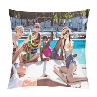 Personality  Multiethnic Friends Near Pool At Resort Pillow Covers