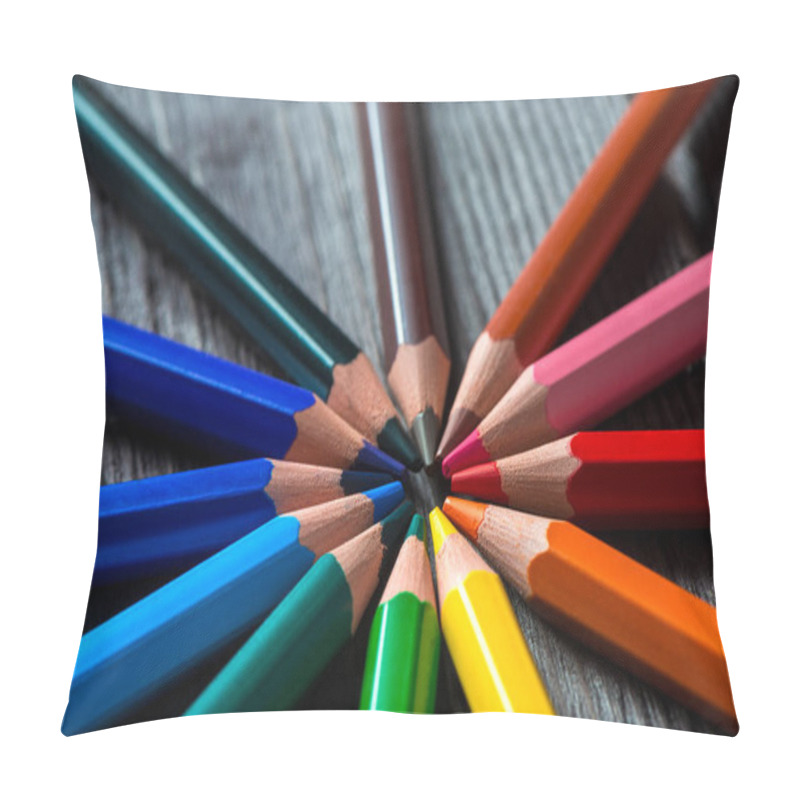 Personality  bright color pencils lie on a wooden table forming a circle, clo pillow covers