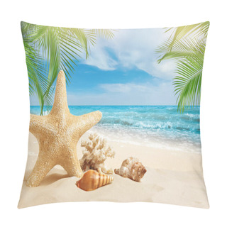 Personality  Beautiful Sea Stars And Seashells On Sandy Beach  Pillow Covers