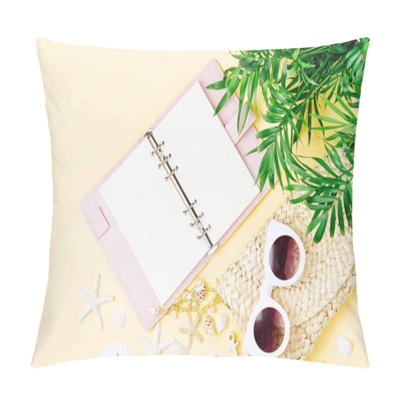 Personality  Tropical leaves, beach bag with sunglasses, notebook and seashells on yellow  background. pillow covers