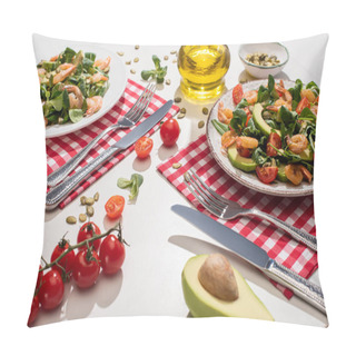 Personality  Fresh Green Salad With Shrimps And Avocado On Plates Near Cutlery On Plaid Napkins And Ingredients On White Table Pillow Covers