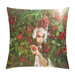 Personality  Fairy Tale Woman Portrait Surrounded With Natural Plants And Roses. Art Image In Bright Fantasy Stylization. Pillow Covers